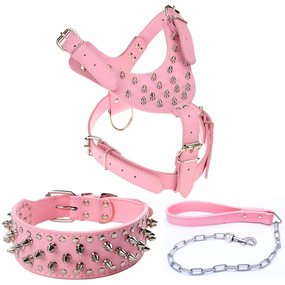 Luxury PU Harness Leather Dog Collar with Rivet Studded Dog Spikes Harness Leash Set Pets Stocked Solid Rivet Dog Walk Walking