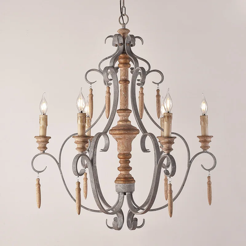 American style retro industrial made of solid vintage wood old decoration candle large chandelier ceiling luxury