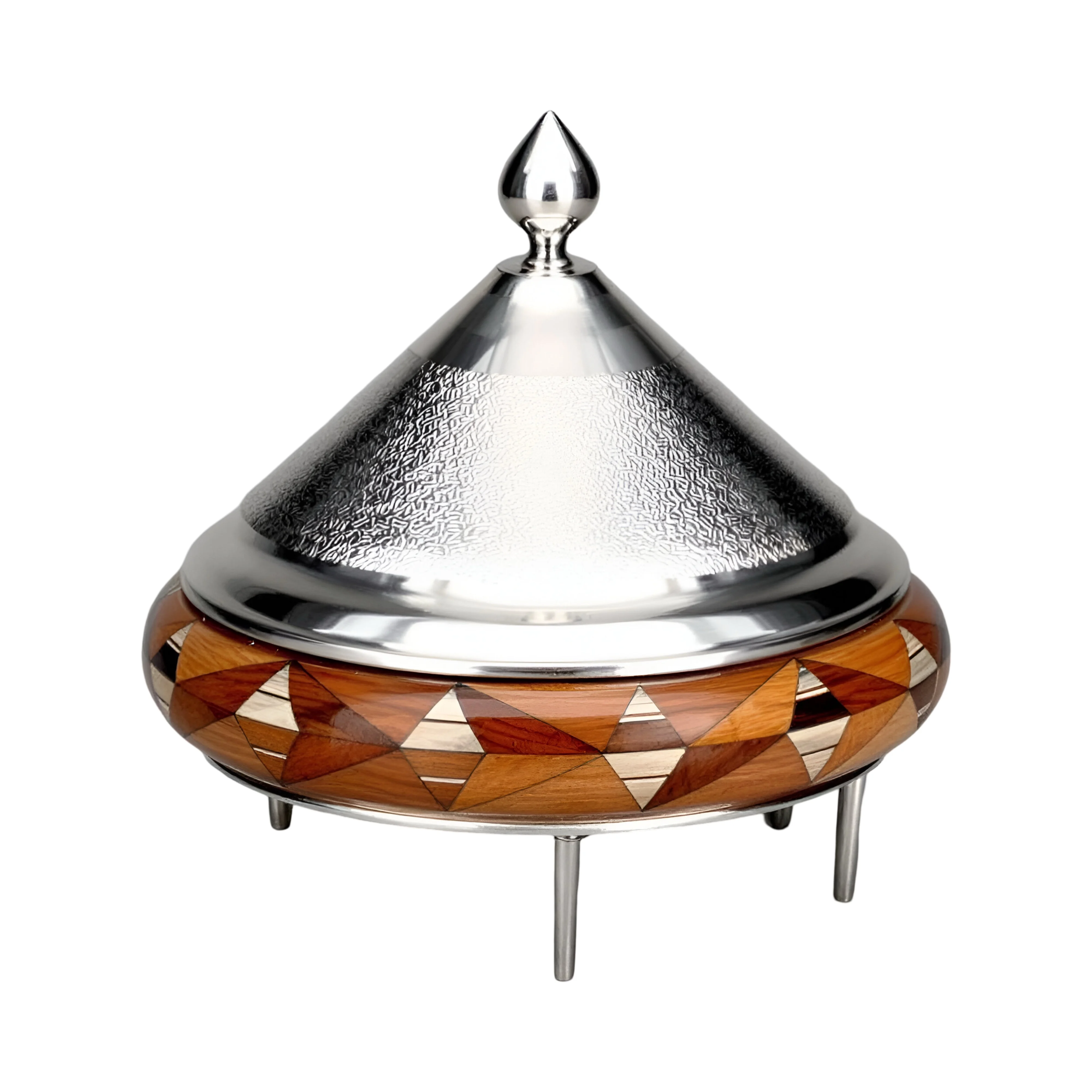 Artisan Elegance Casserole Dish Intricate Wood Inlay & Textured Metal Stainless steel Chafing Dishes with Lid for Stylish Serve
