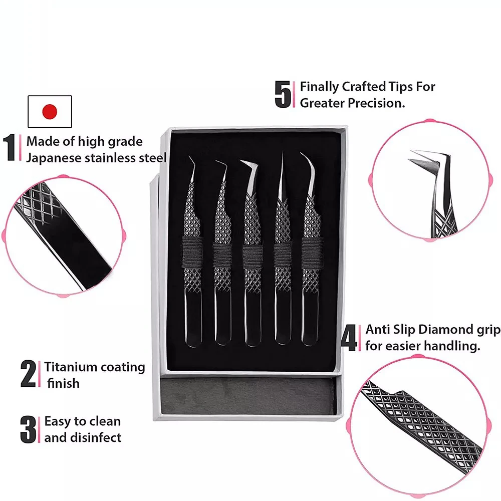 Diamond Grip Lash Tweezers Private Label Stainless Steel Fiber Tip 45 90 Degrees Matte Volume Tweezer For Eyelash Extension