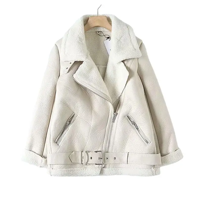 ZBZA Women Fall Winter New Fur Integrated Thermal Jacket Coat Faux Leather Long-sleeved Lapel Padded Warm Chic Female Outerwear
