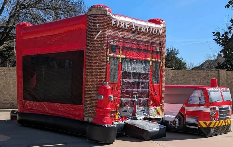 Commercial PVC fire truck inflatable bouncer combo jumping bouncy house slide combo slide for rental business