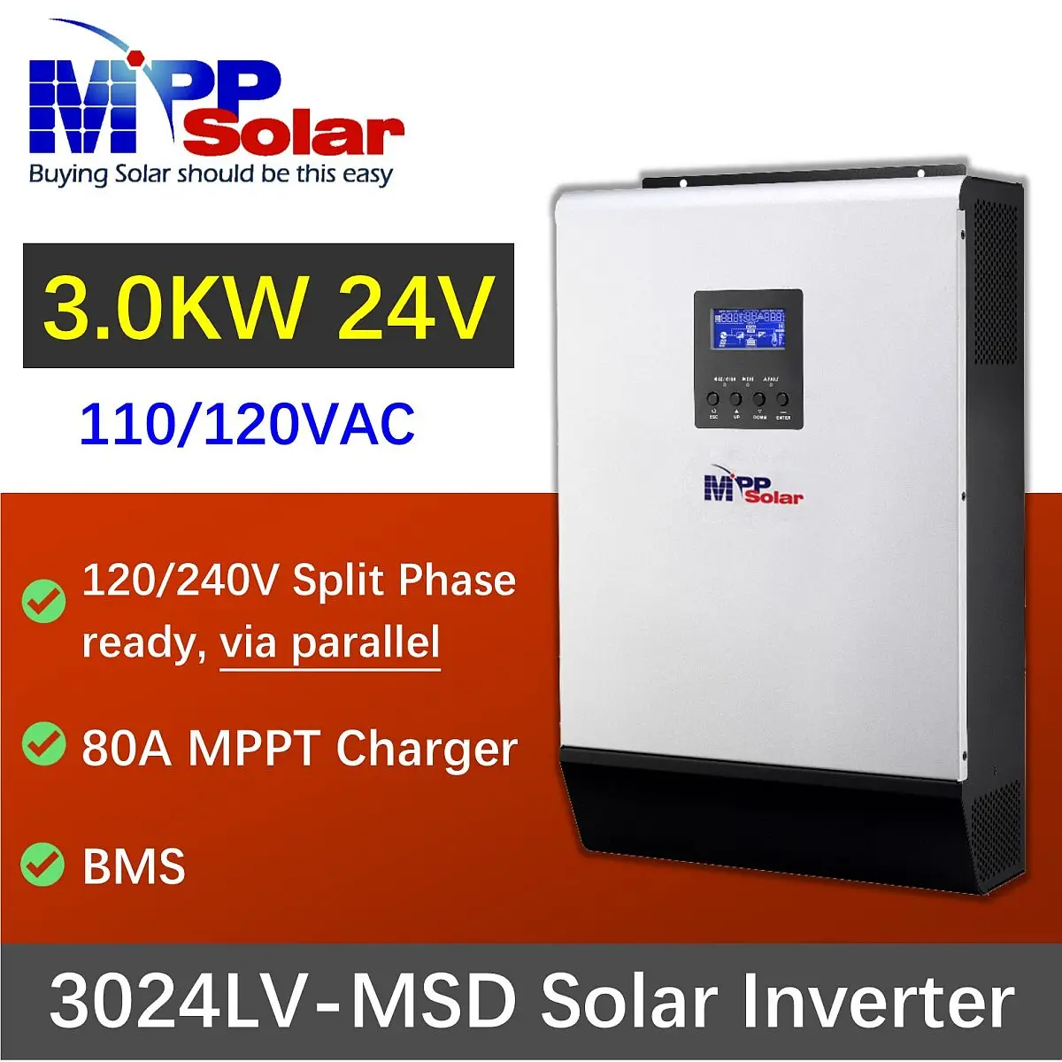 3024LV-MSD 3kw 110v 120v 24v MPP Solar pure sine wave inverter 80A MPPT charger 80A Battery charger Max PV input 3kw 250v
