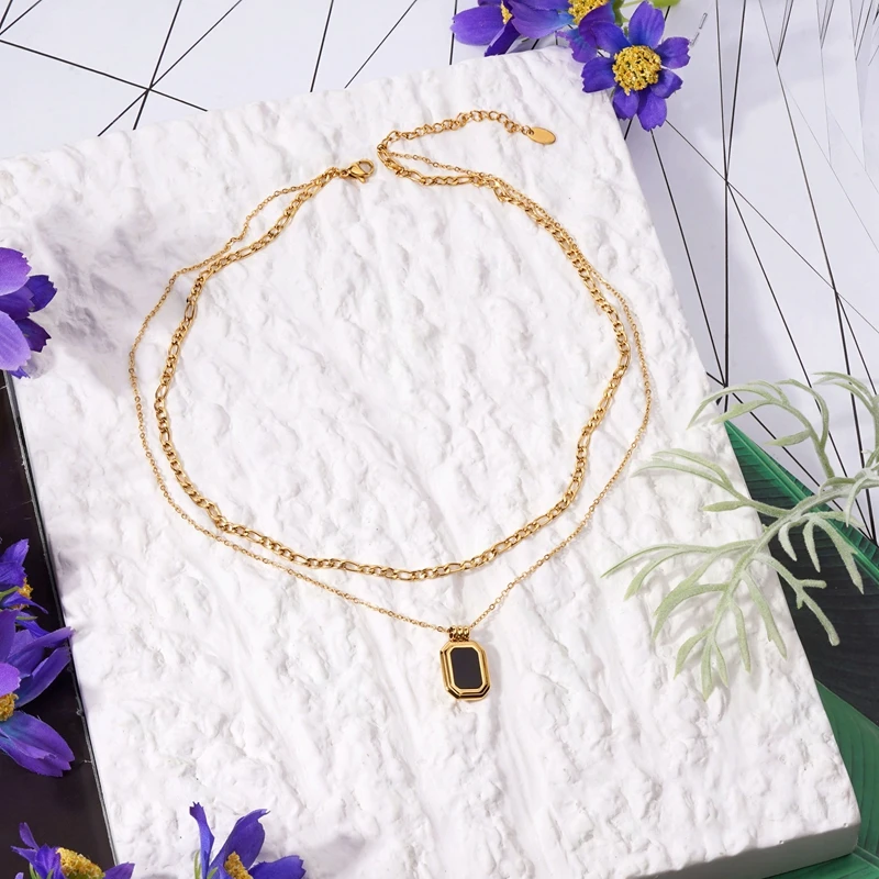 Square Black Pendant Necklaces Stainless Steel Stacked Layered Thick Cuban Necklace For Women