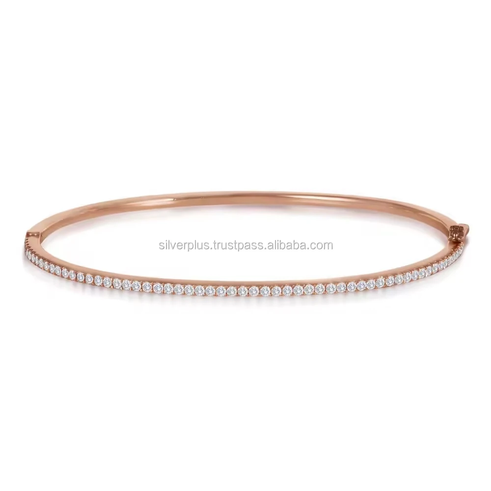 Best Selling 18kt Solid Rose Gold Single Row Pave Diamond Sleek Bangle Bracelet Gold Diamond Jewelry