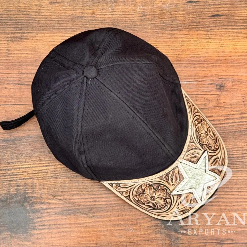 New Hair On Tooled Leather Star Trucker Hat Floral Baseball Hat Cowhide Cowboy Summer Cap Western Ball Cap Handmade Patch Hat