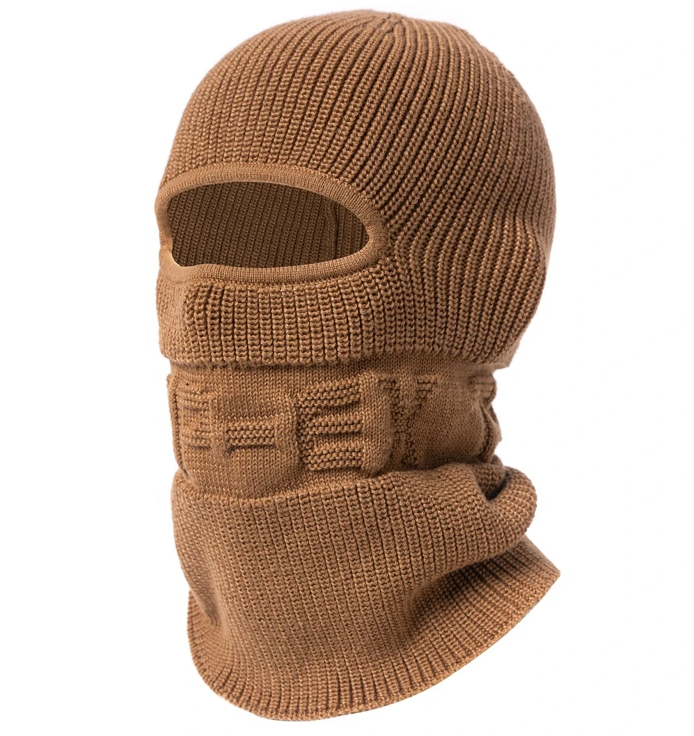 Hot Sale Outdoor Eco-friendly Polyester Brown Hiking Knitted Custom Logo Mens Facemask Snood Winter Hat Skimask