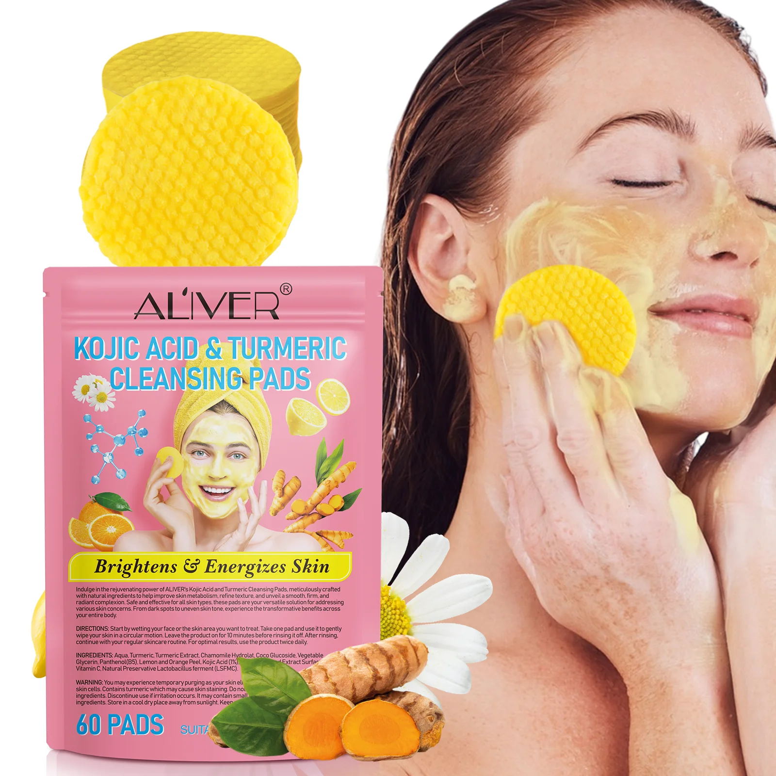 TIKTOK Hot Sale 60 Pads Turmeric Kojic Acid Exfoliating Cleansing Cleanser Face Facial Pads Wash For Dark Spots