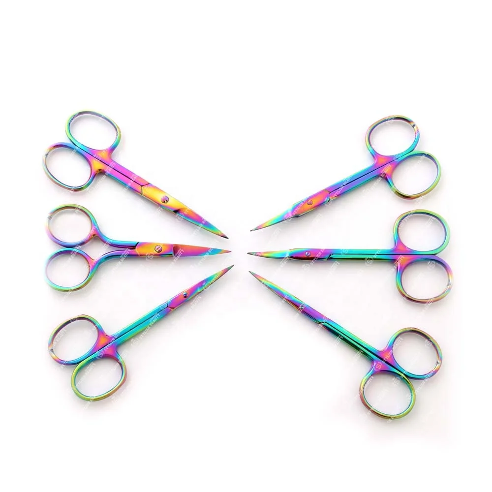 Pointed Tip Rainbow Color Eyebrow Scissor Makeup Eyelash Trimmer Nose Facial Hair Remover Manicure Tools Custom Logo
