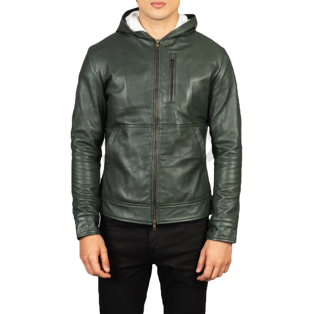 Wholesale OEM ODM Full Sleeves Hooded Real Leather Zipper Up Green Leather Bomber Jackets New Arrivals Sheepskin Hooded Jackets