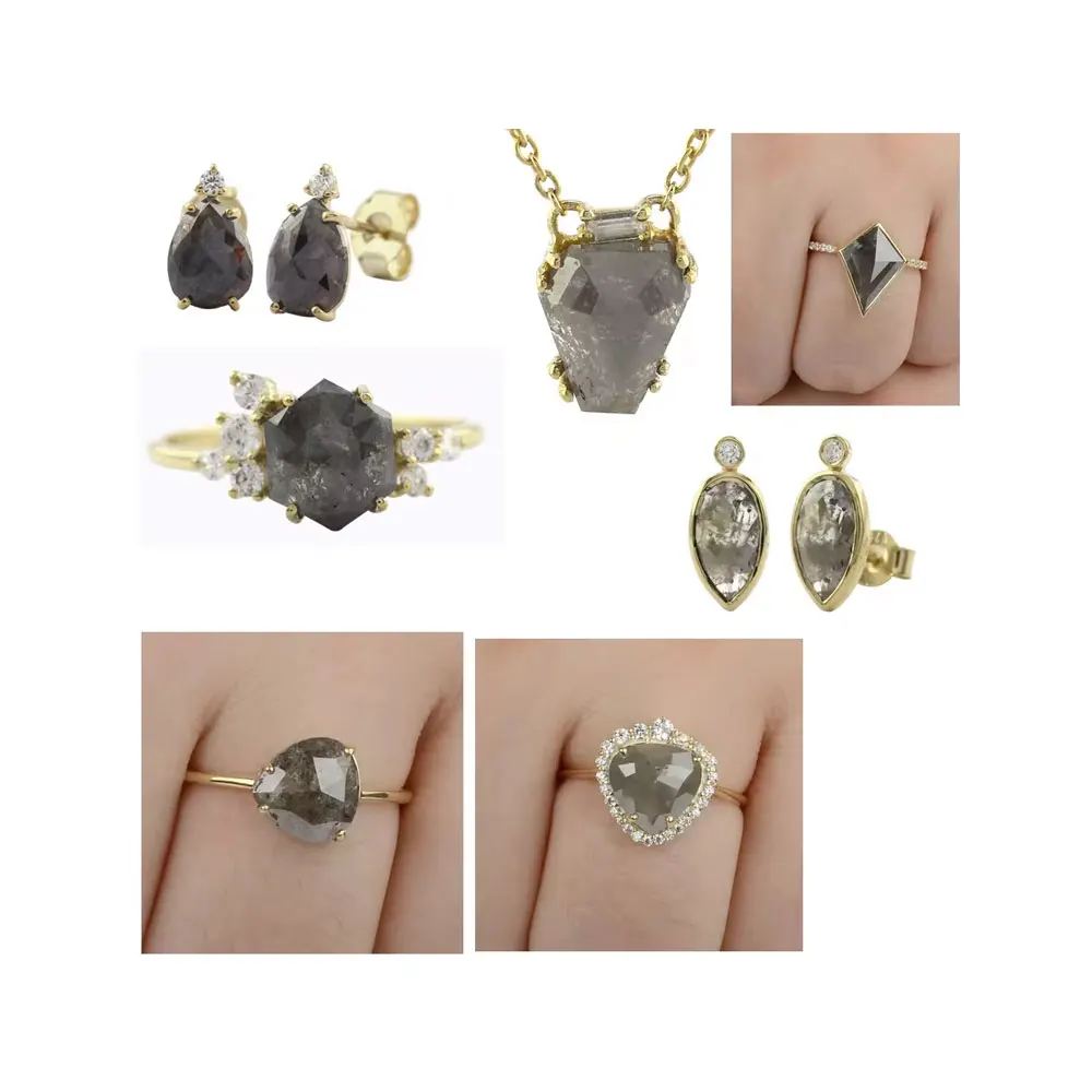 Solid 14K Yellow Gold Salt and Pepper Rough Diamond Jewelry Stud Earrings Pendant Necklace, Ring Jewelry Collection