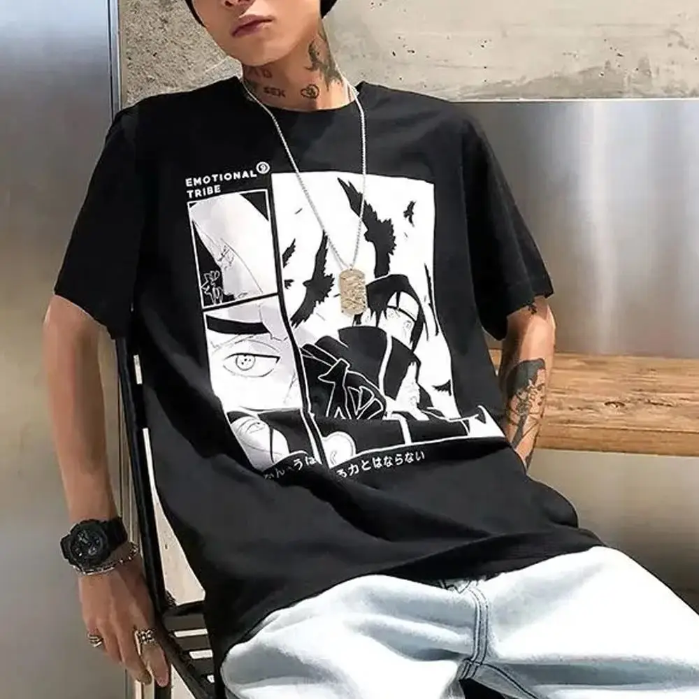 Custom Logo Printed Cotton Men T-Shirt Vintage Street Oversized Shoulder Drop Shoulder Graphic Anime Print T Shirts For Men