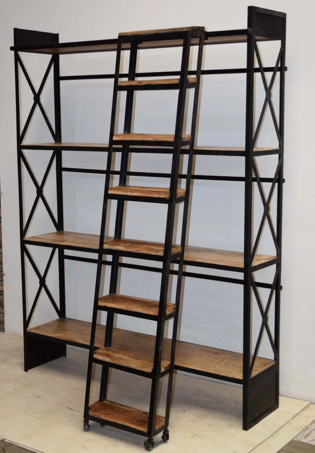 Morden design Multi-layers industrial wooden iron display bookcase bookshelf with ladder Direct from manufacturer