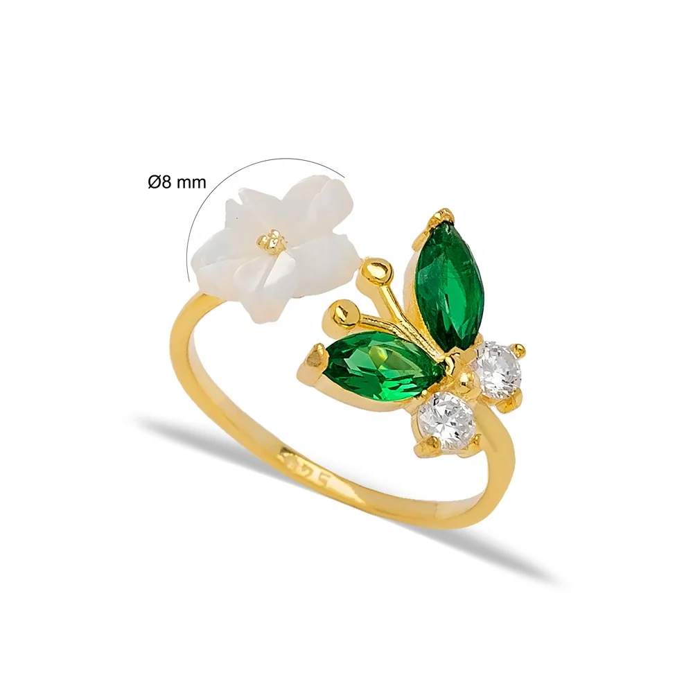 Fresh Trend Women Ring Butterfly Flower Design Emerald Adjustable Ring Turkish Silver Jewelry Fine Jewellery