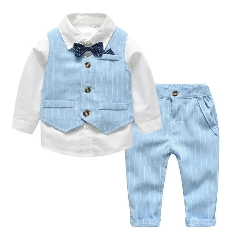 Hot-selling Wholesale Children Clothes Cotton Blue Vest Suit Bow Tie Shirt Kids Boy Suit Formal 3 Years Boys Clothing Sets