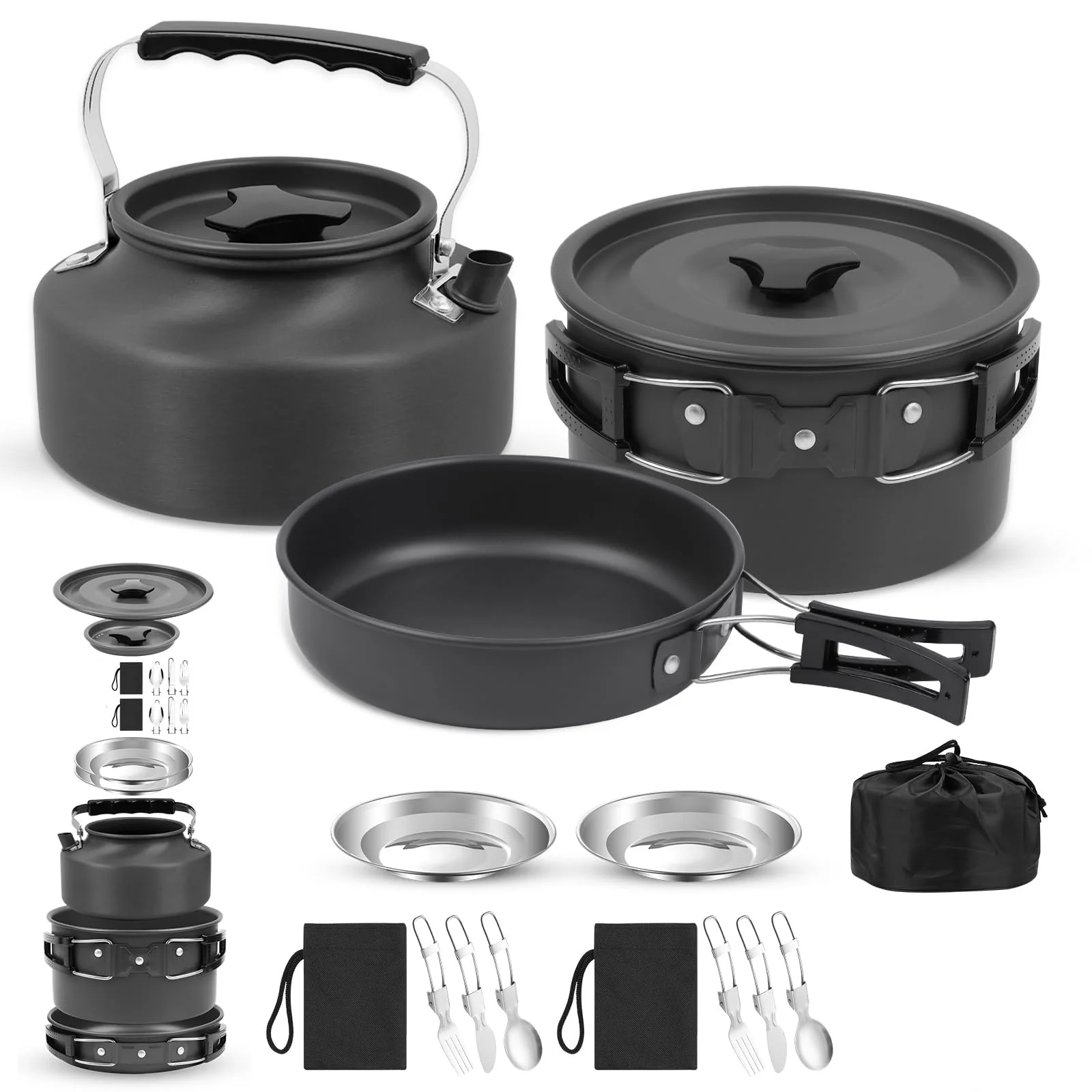 Portable Lightweight Aluminum Outdoor Camping Pot set Camping Cookware with Stainless steel cup forks and spoons