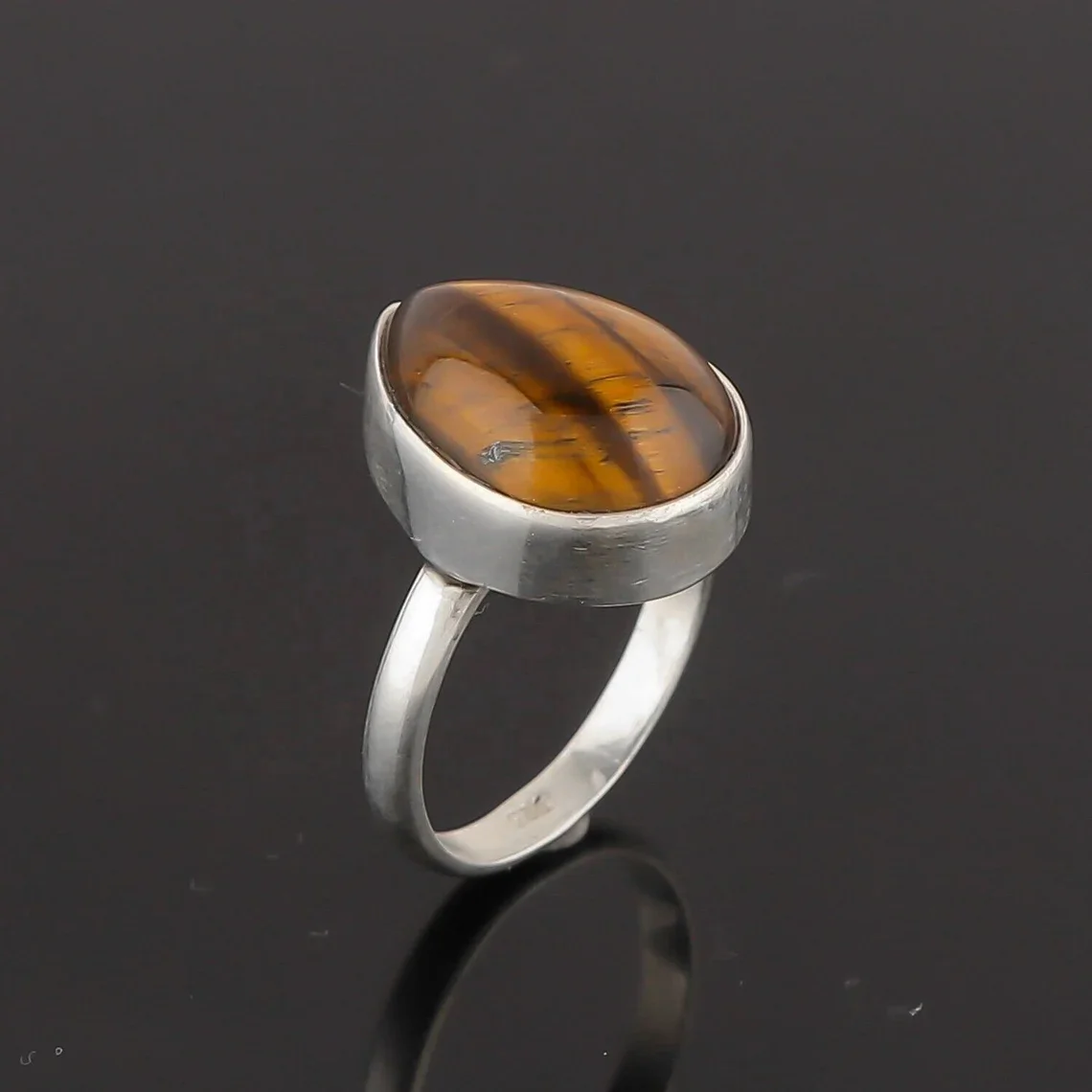 Tiger Eye Pear Cabochon Ring 925 Sterling Silver Ring Unique Gemstone Ring For Animal Lovers