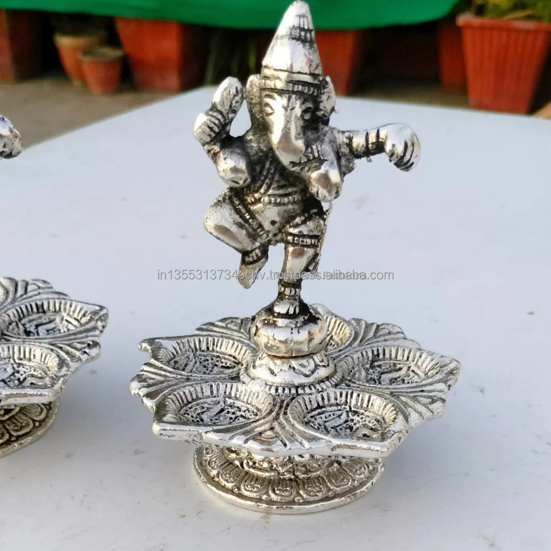 German Silver Dancing Ganesha Diwali Diya Ethnic Legs Five Oil Wick Diya Wedding Favor Return Gift