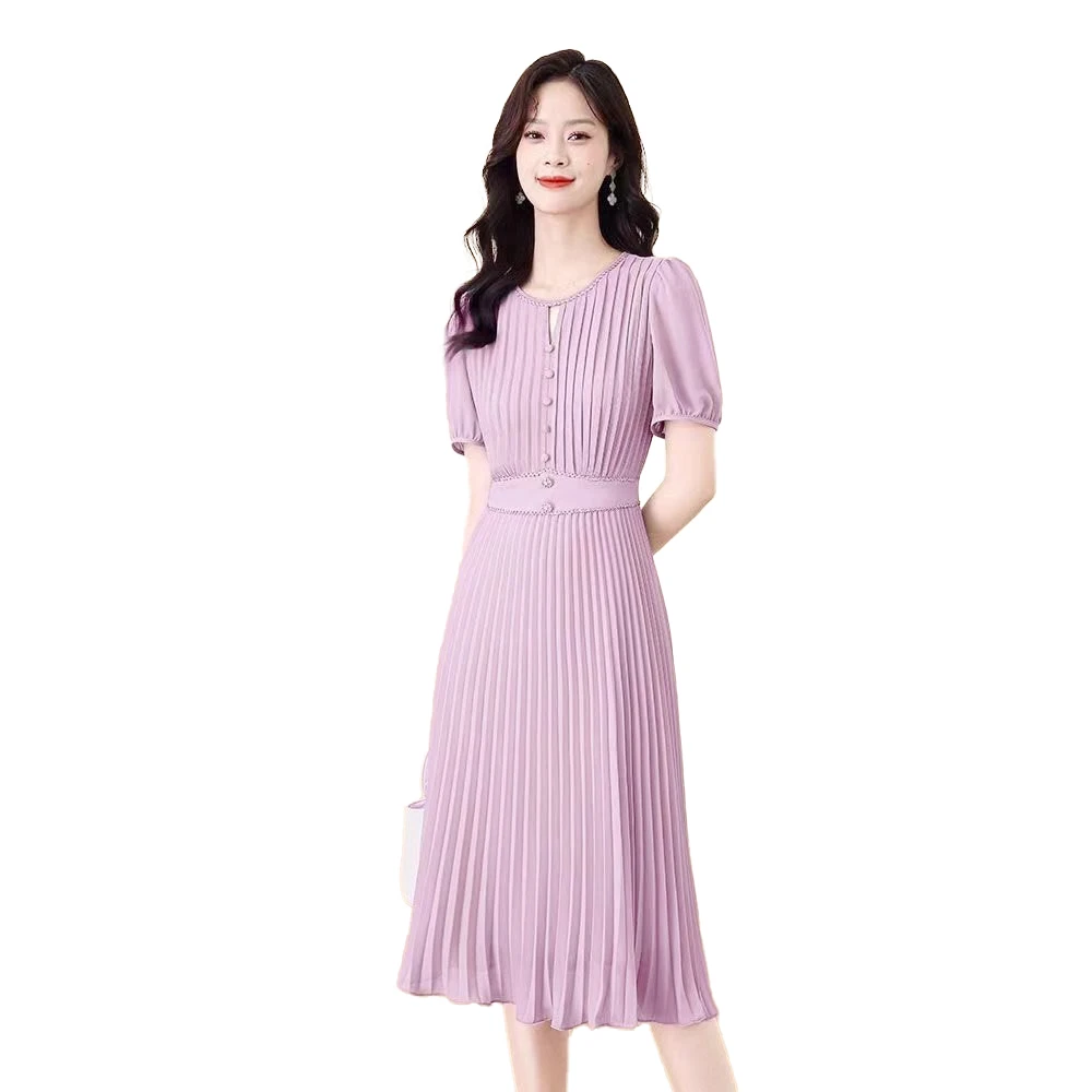 Experience Vietnamese Craftsmanship: 2023 Summer Chiffon Pleated Dress - Short Sleeves, Endless Elegance