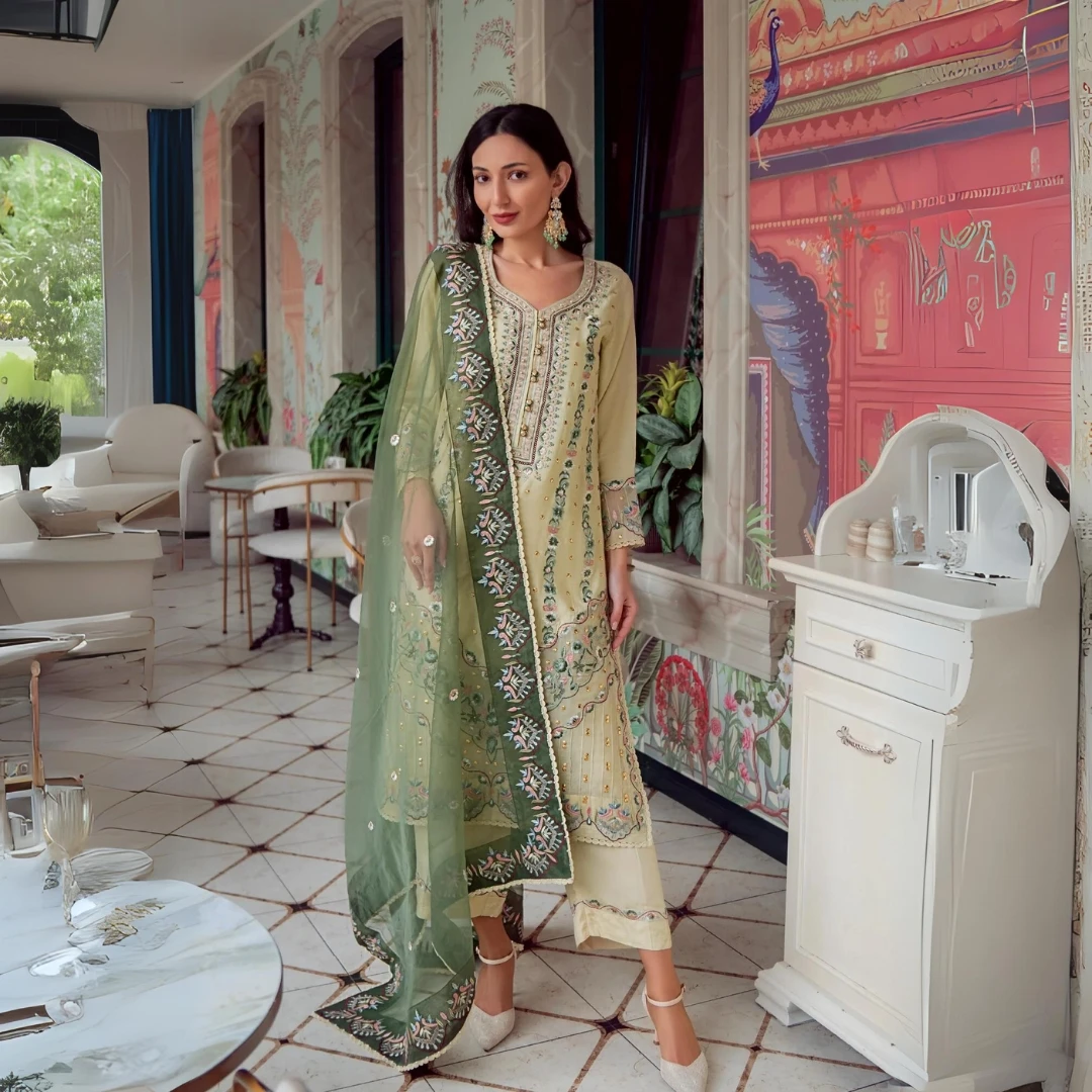 Indian pakistani style Casual salwar kameezEmbroidered Shirt Front of HandKhaddi Pure Cotton with Embroidery Border