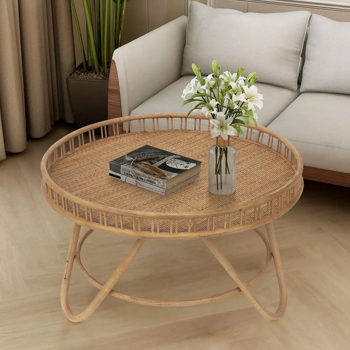 Brown Round Rattan Coffee Table 32x18', Handmade Sustainable Easy Cleaning Rattan Table for Home Hotel Coffee Shop