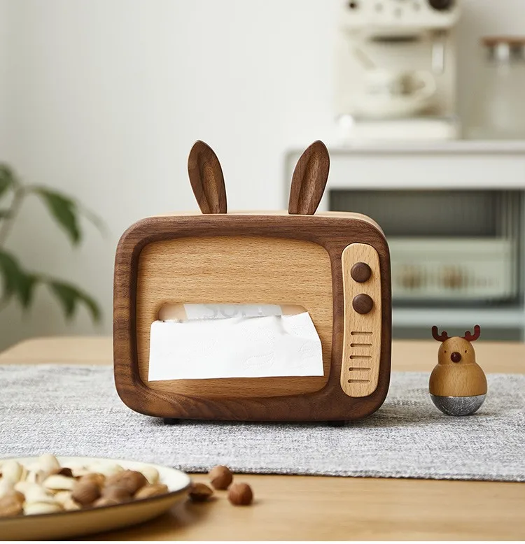 Creative Cute TV-shaped Wooden Tissue Napkin Paper Storage Box Holder for Desktop Living Room and Home