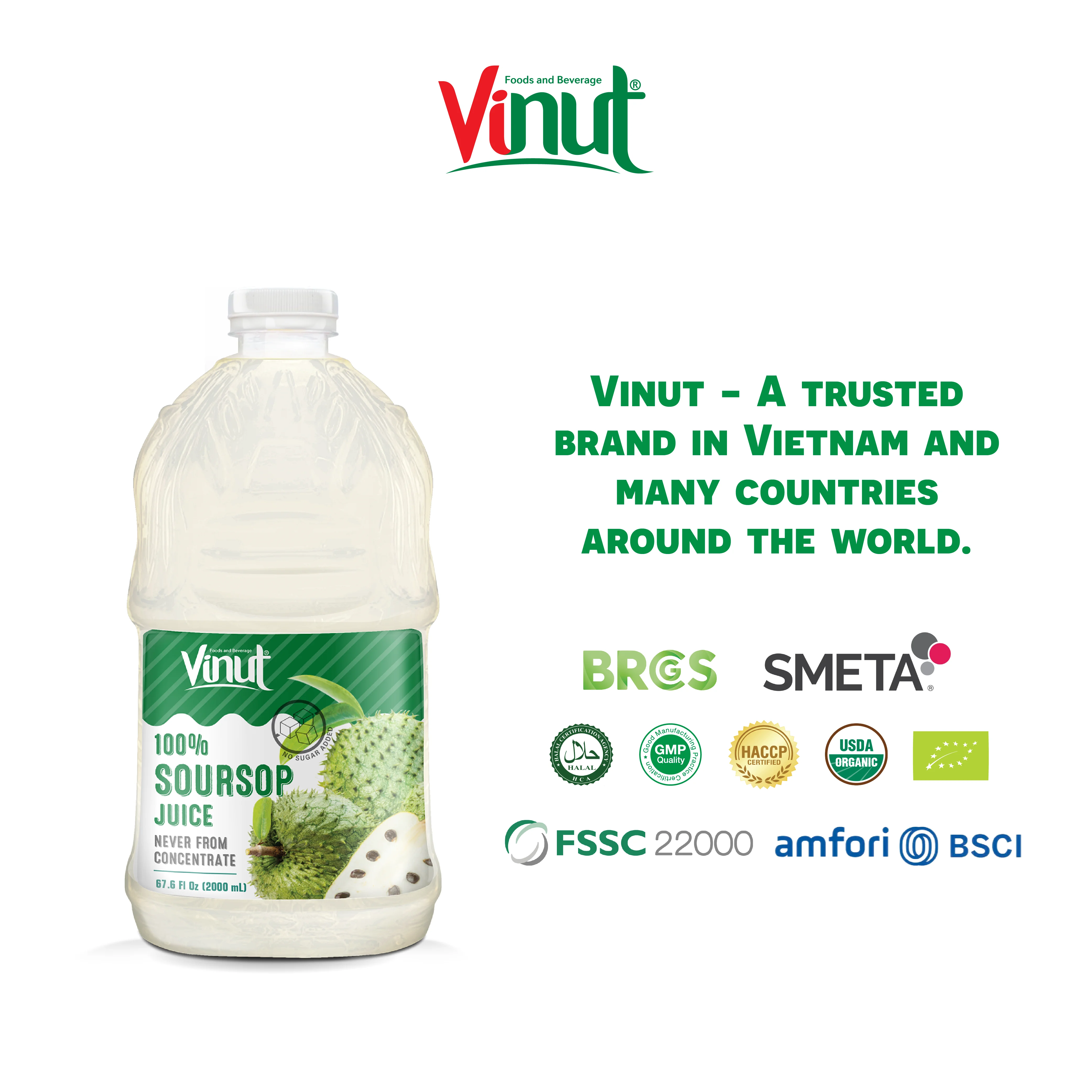 2L VINUT 100% Pure Tropical Fruit Juice Soursop Flavor Ready To Ship, Free Sample Made in Vietnam Factory (OEM, ODM)