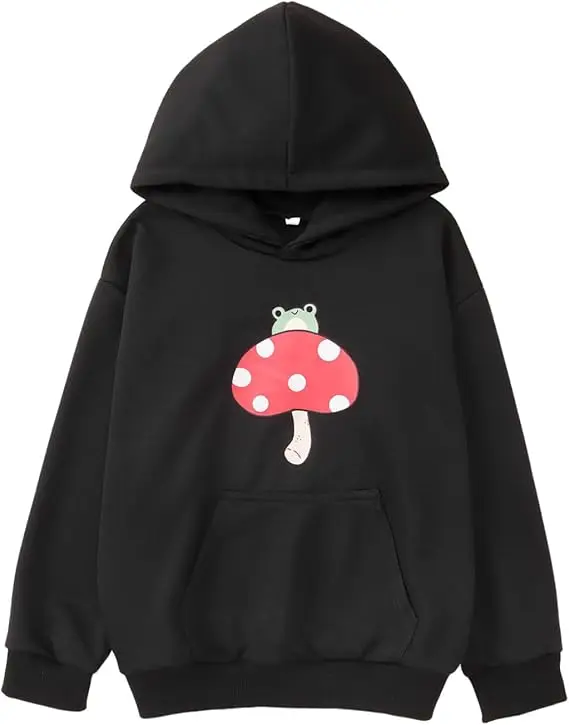 Girls Hoodie Kawaii Frog Sweatshirt Cute Mushroom Long Sleeve Fleece Oversize Pullover Tops Kids Aesthetic Clothes thermal