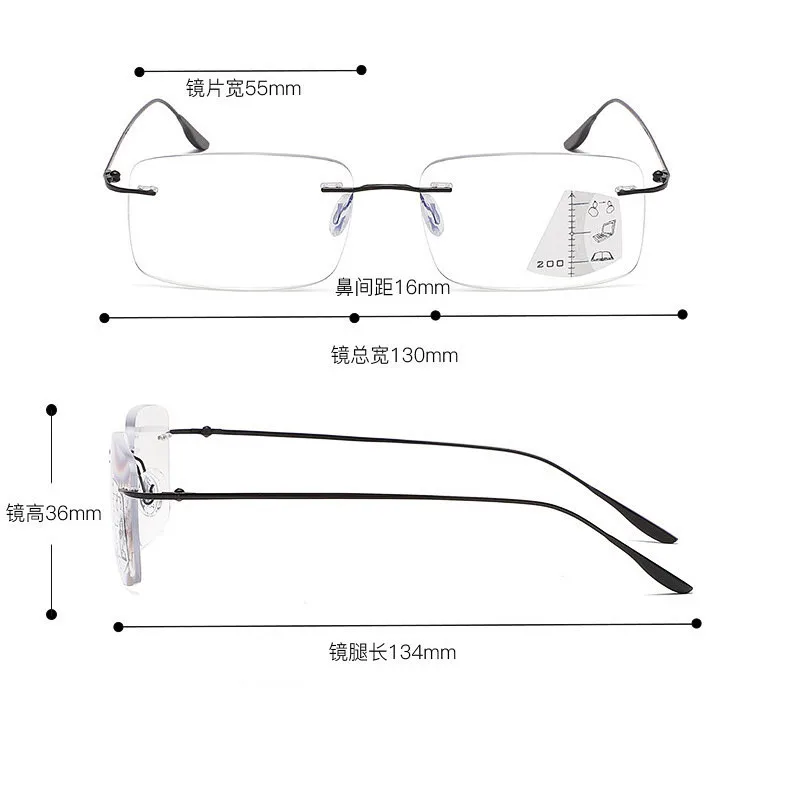 2024 Men Anti Blue Light Multi-focus Readers Eyeglasses Rimless Progressive Photochromic Reading Glasses