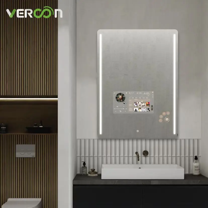 2024 Vercon smart  bathroom mirror TV  mirror HD display  Hifi speaker Bluetooth LED mirror for hotel or apartment