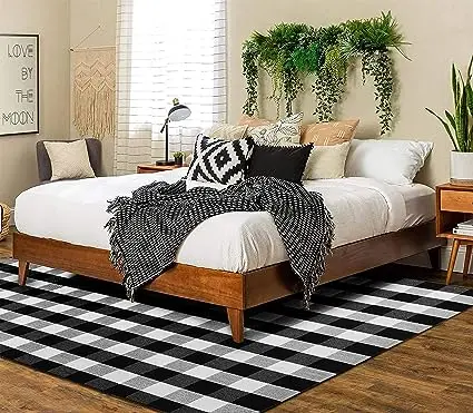 Buffalo Check Cotton Rug Black White Retro Checkered Outdoor Carpet for Farmhouse Living Room Dining Room Door Space Washable