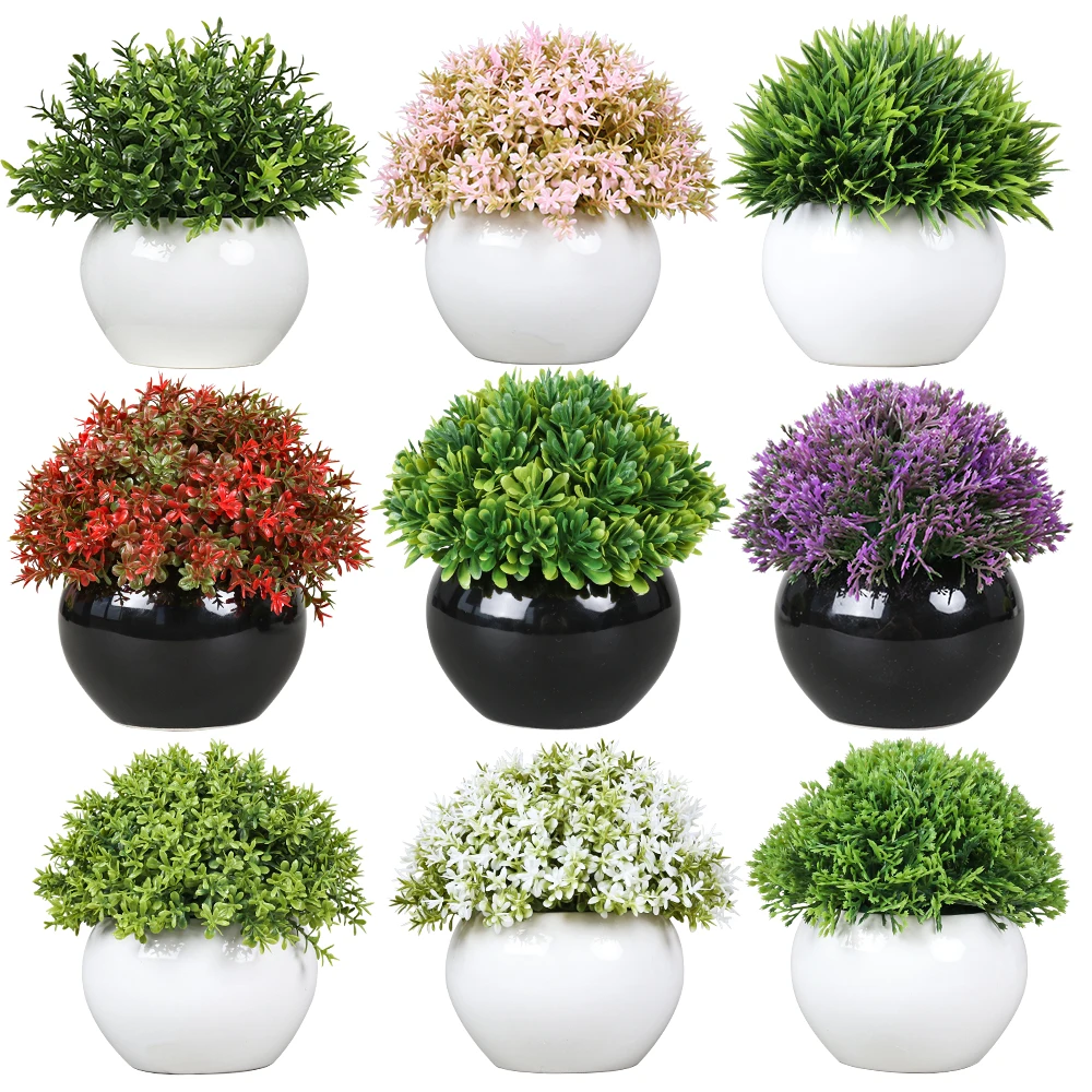 Mini Artificial Grass Ceramic Bonsai Small Faked Plants in Pots Artificial Potted Shrub Plants
