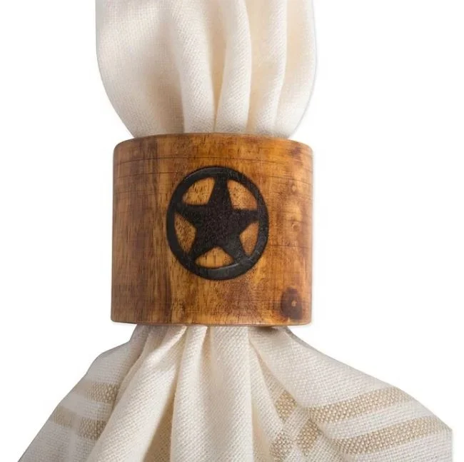 A Classic Style Set Of 6 Lone Star Print Mango Wood Napkin rings For Your Tables Cape And Home Dinning Decoration
