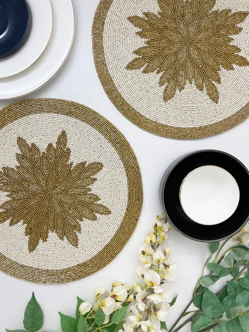 Wedding Table Placemat Beaded Pads and Mats with Flower Shape in custom colors and design wholesale beaded item for table decor