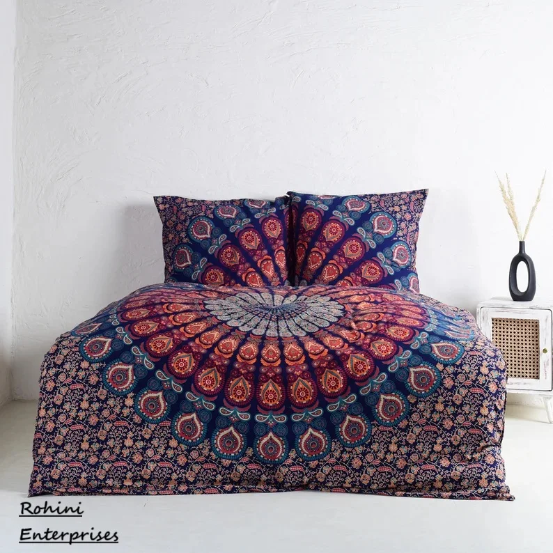 Mandala in Blue Orange 100% Cotton Handmade Duvet Cover Set with 2 Pillowcases Fairly Traded from India for Weddings