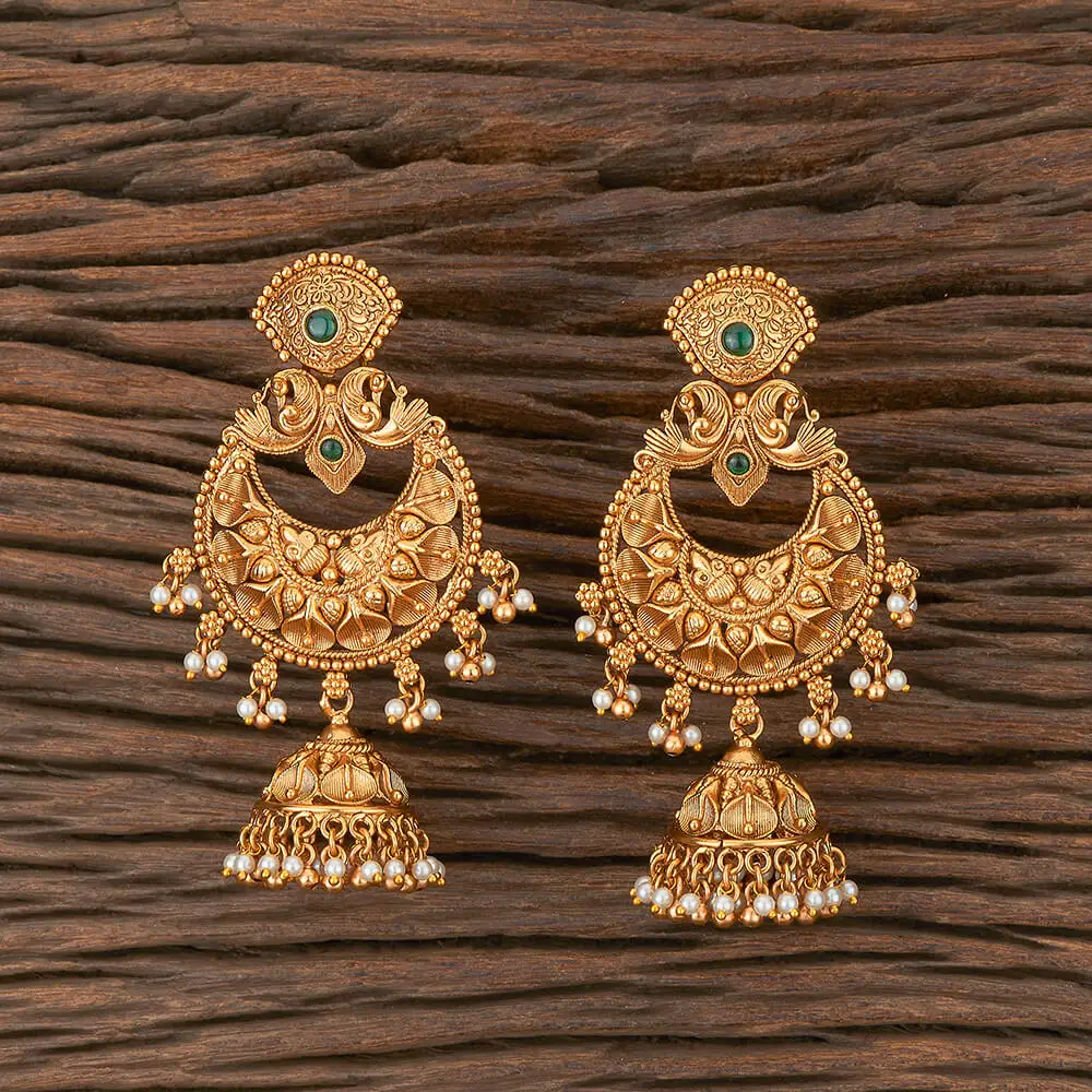 Antique Matte Gold Plated Chand Style Long Jhumki Earring 217280 With Pearls Wholesalers in India
