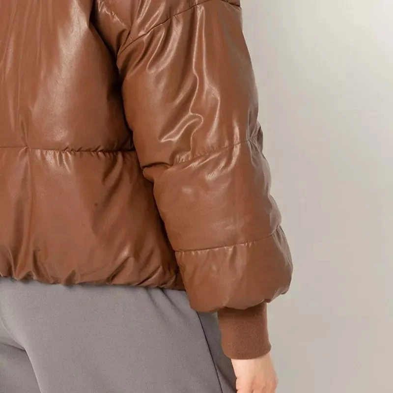 2022 Oem Puff Oversized Pu Brown Cropped Down Padded Faux Wholesale Leather Custom Logo Bubble Plus Size Puffer Jacket Women