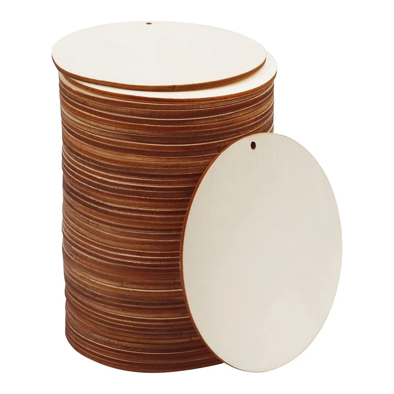 100 Pcs 4 Inch Unfinished Wood Circles Rounds with Holes Disc Cutouts Blank for DIY Crafts Painting Staining Home Decorations