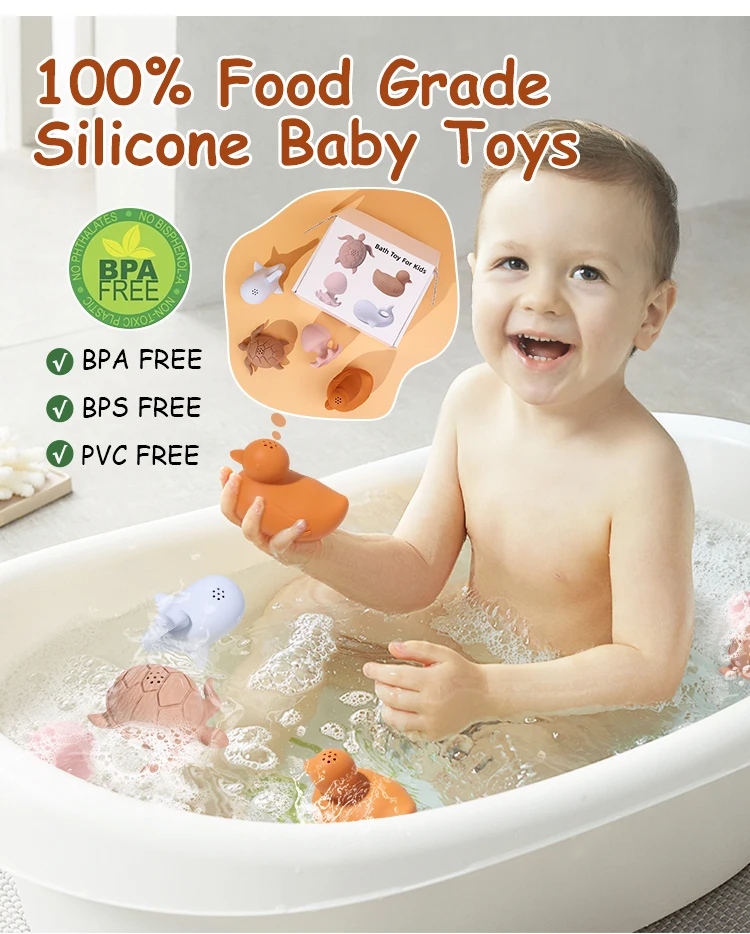 Custom 4 Pcs Set Gift Eco-friendly Non Toxic Toddler Bath Toys Durable Silicone Animals Bathtub Toys Silicone Baby Bath Toys