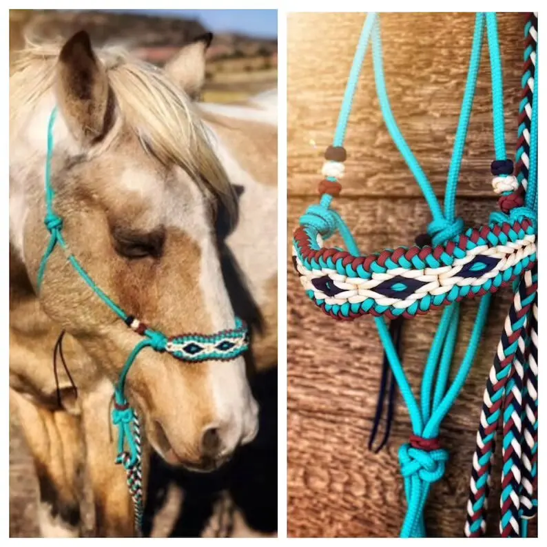 High Quality Hand Tooled Soft Rope Adjustable Horse Halter Matching Lead Big Diamond Braided Overlay At Wholesale Manufacture