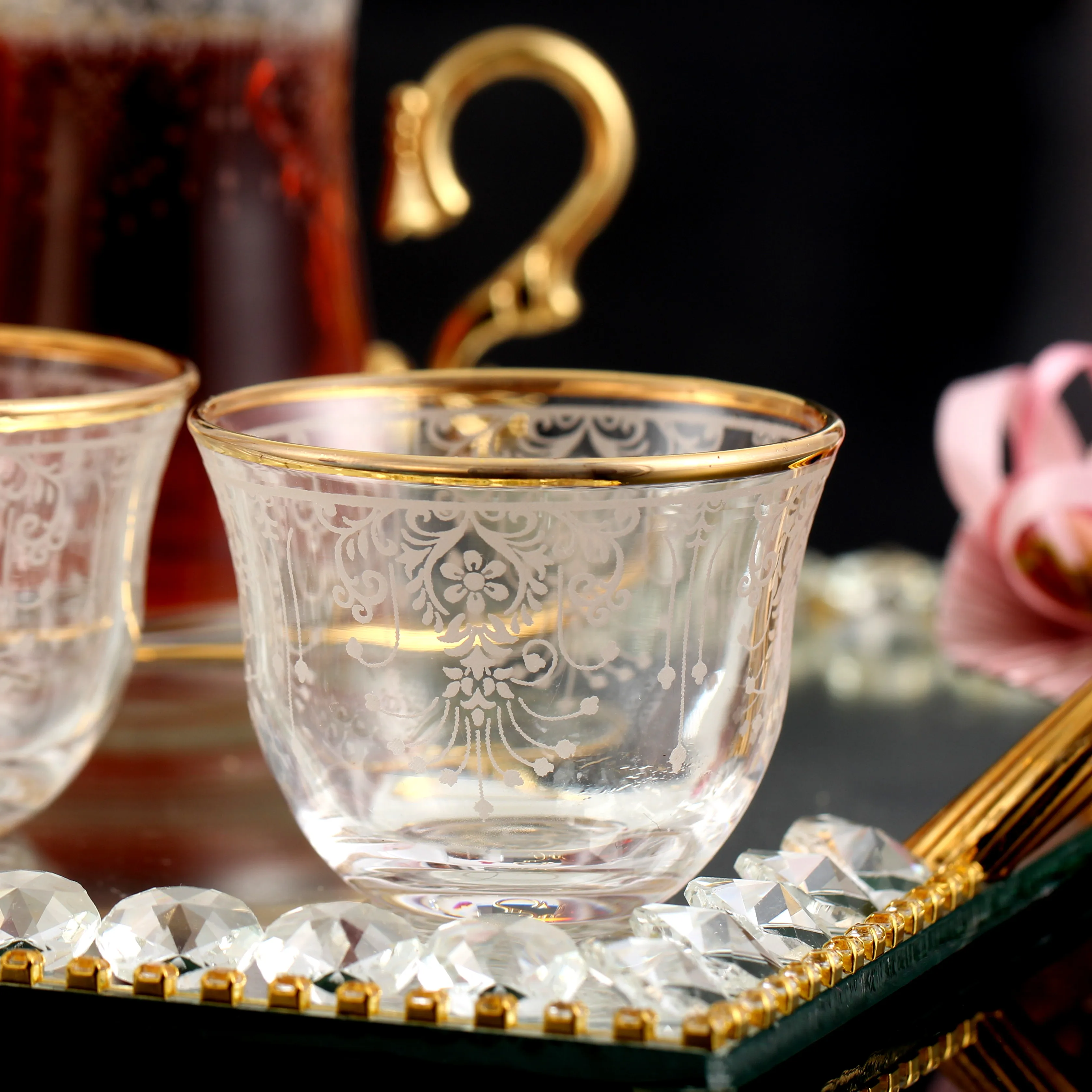 18 Pcs Turkish Tea and Arabic Coffee Set Screen Printed 24 ct. Gold rim April Design