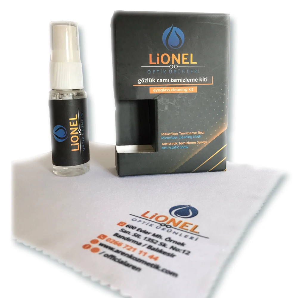 Комплект для чистки очков Lionel, бокс для очков, спрей для очистки и цифровая угловая ткань из микрофибры с печатью 15x18 см и спрей 20 мл