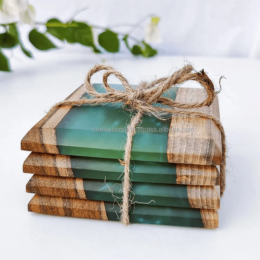 Top Quality Customize Handmade Square Epoxy Resin & Wood Resin Sea Green Decorative Coasters for Giveaways Gifts