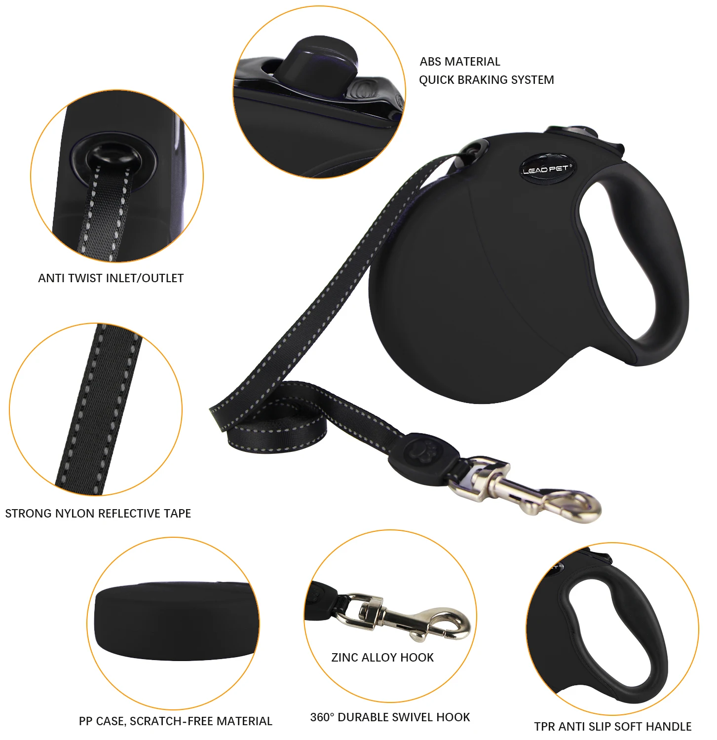 LEAD PET Retractable 16ft Heavy Duty Reflective Nylon Tape Lead for dog Up to 100 LBS. Tangle Free Design One Touch Quick-Lock