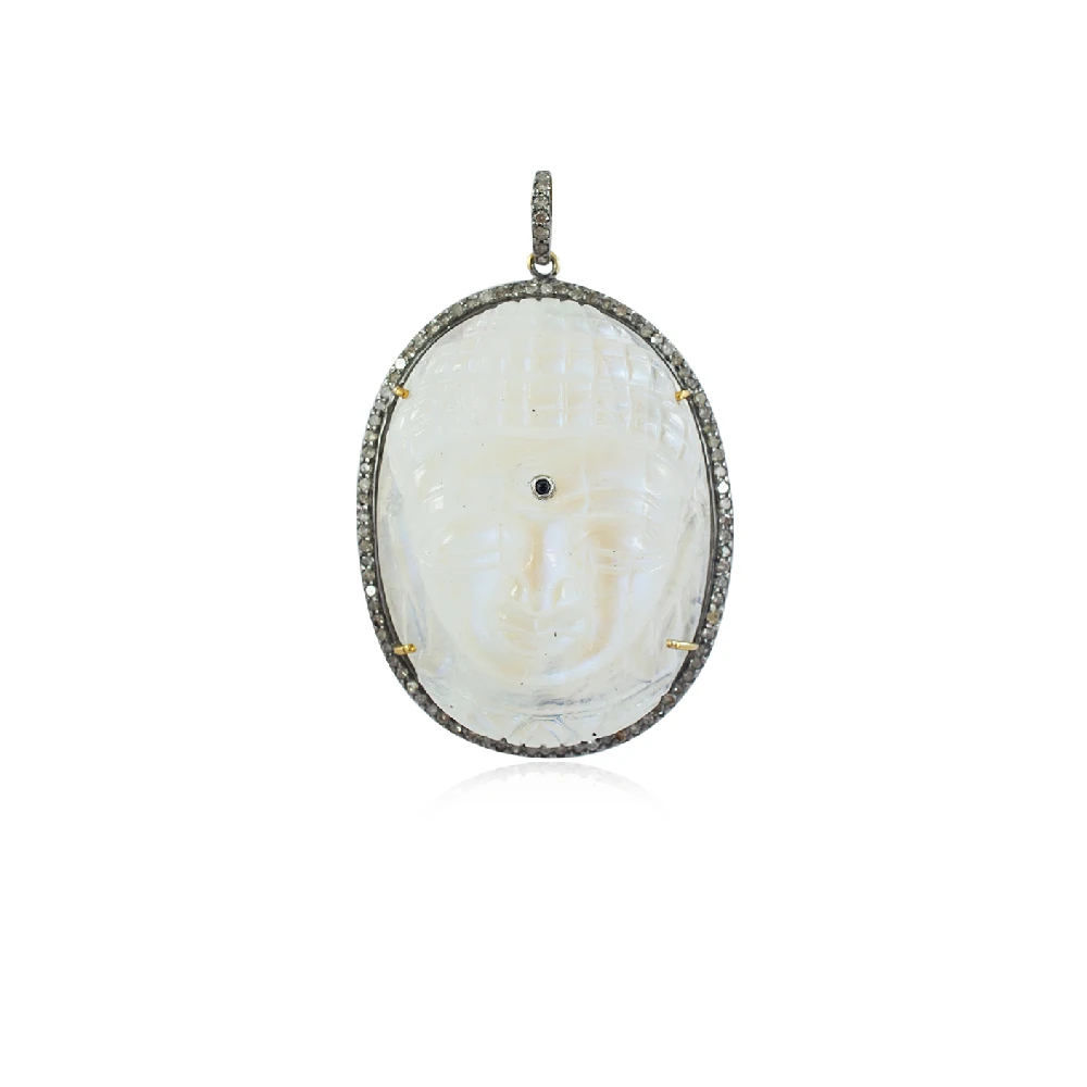 Natural Rainbow Moon Stone 925 Silver Diamond Carved Buddha Pendant With Chain Oxidized Necklace14k Gold Sapphire Gemstone
