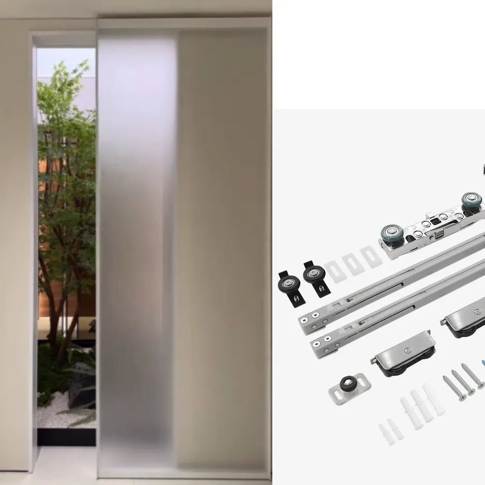 9CE Glass Pocket Door System in White Invisible Track hardware Magic Mirror Door With Frame Soft Sliding System for 1200MM Door