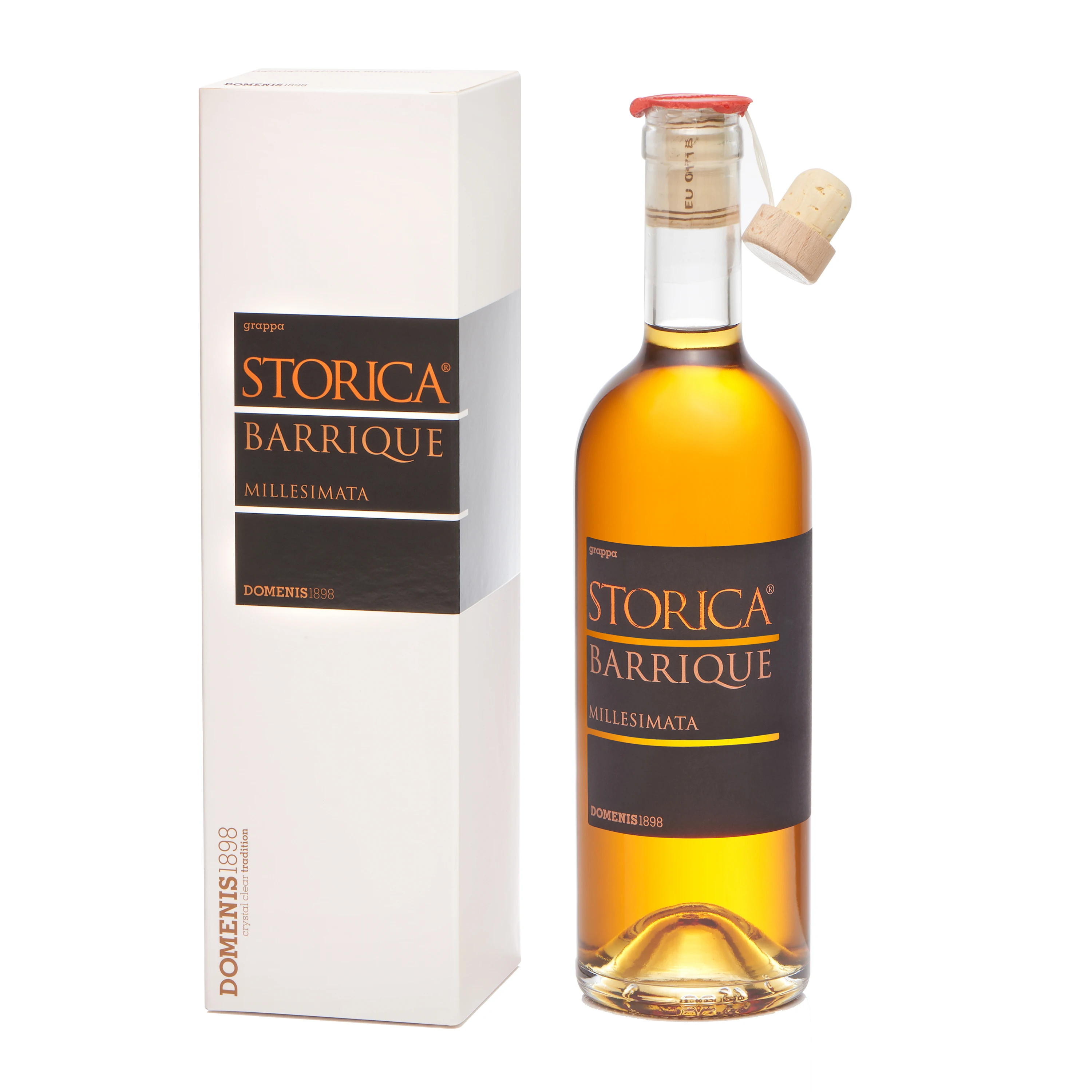 Premium Barrique Grappa Storica Riserva Barrique Millesimata in elegant glass bottle 50 cl and 150 cl formats available