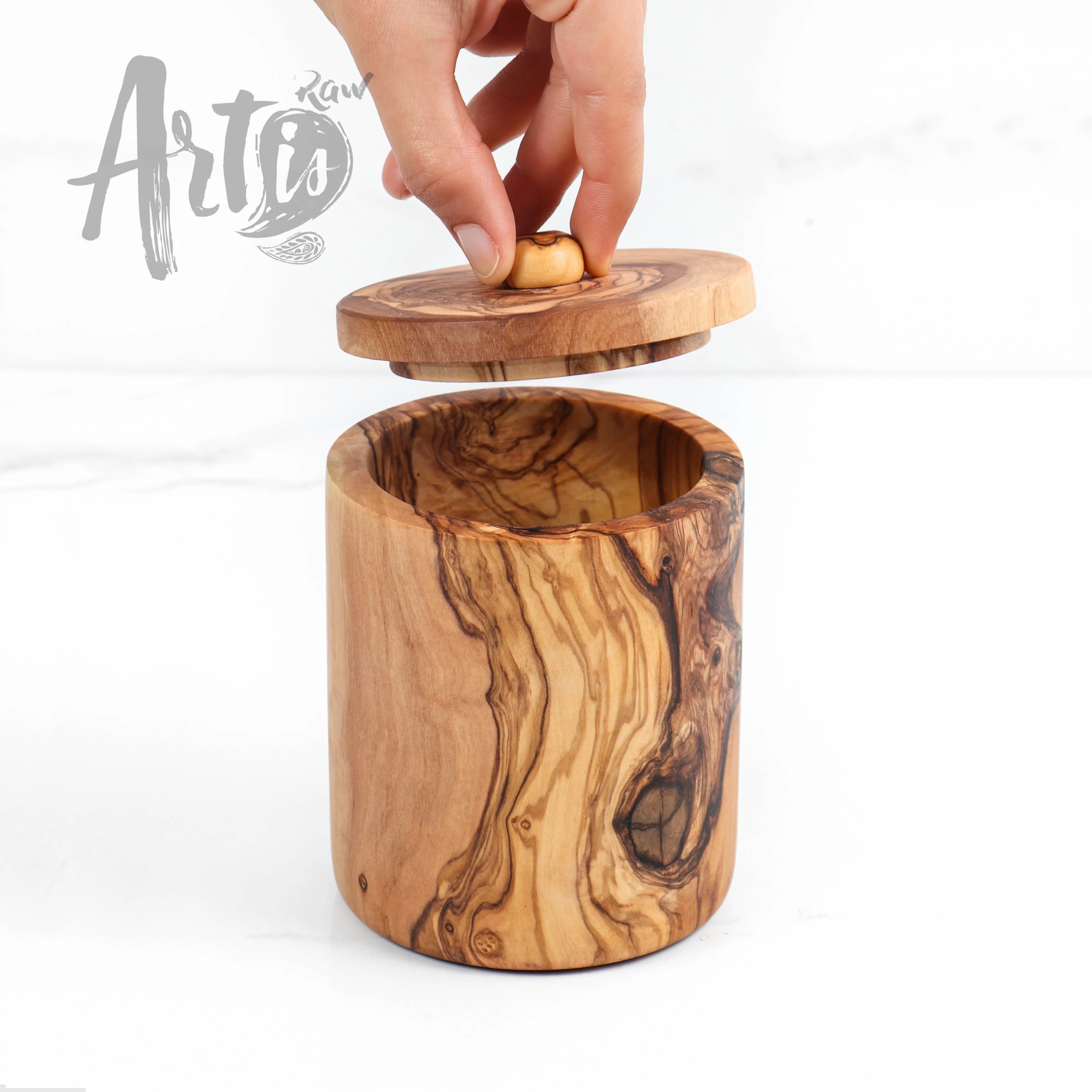 Salt Cellar with Lid and Spoon Handmade from Olive Wood / Wooden Salt Cellar / Salt Box Cellar