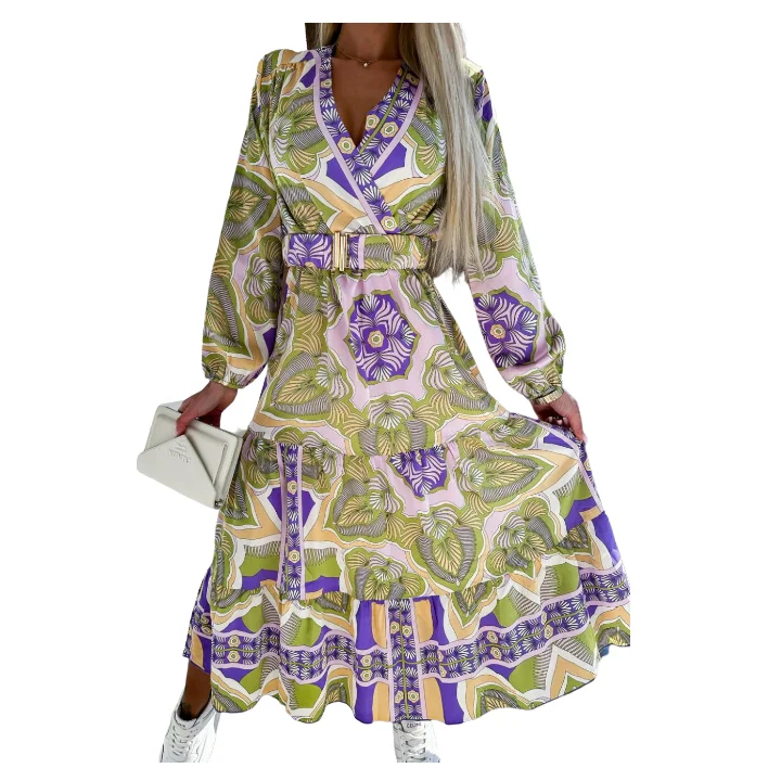 3D pattern long summer skirt long-sleeved V-neck lantern sleeve printed dress for women