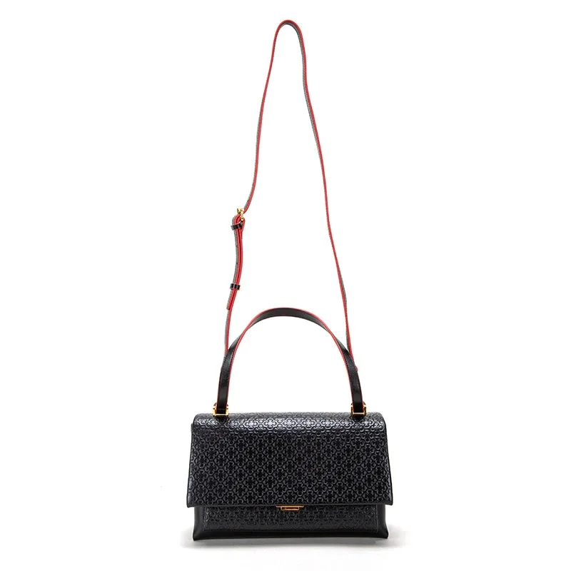 New Premium Women Handbag 100% Leather Soft C Shape Embossed Detachable Shoulder Strap Handbag for Women